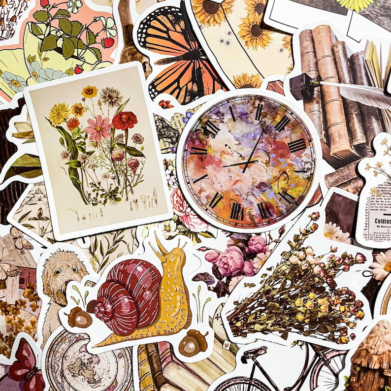 May include: A collection of vintage-style stickers featuring a variety of designs, including a clock, a snail, flowers, butterflies, and books. The stickers are printed on white paper with a matte finish.