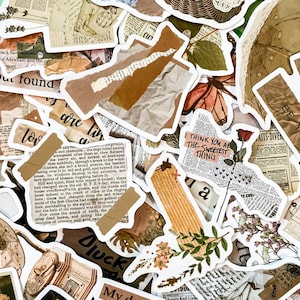 May include: A collection of vintage-style stickers featuring floral designs, text, and paper textures. The stickers are printed on white paper and have a distressed, aged look. The text on the stickers includes phrases like "I think you are the sweetest thing" and "Duck and Cover".