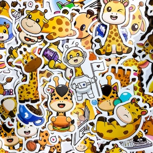 May include: A collection of colorful stickers featuring cartoon giraffes in various poses and designs. The stickers are printed on white paper and have a glossy finish.