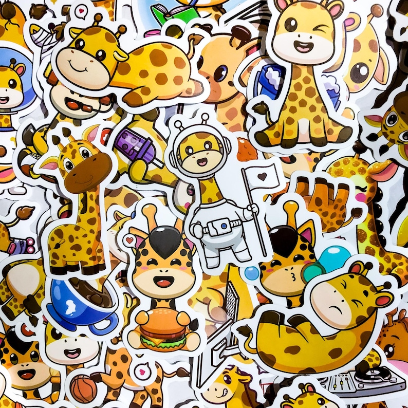 May include: A collection of colorful stickers featuring cartoon giraffes in various poses and designs. The stickers are printed on white paper and have a glossy finish.