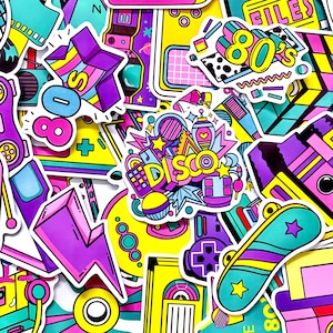 Può includere: Una collezione di adesivi colorati a tema retrò, con una vivace estetica anni '80. I disegni includono la parola "DISCO", forme geometriche, fulmini e il numero "80" in una varietà di colori vivaci come rosa, giallo e viola.