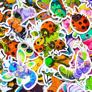100pcs Whimsical Bug Stickers, Rainbow Insect Stickers, Cute Beetle and Dragonfly Stickers, Waterproof Stickers for Scrapbook Journal