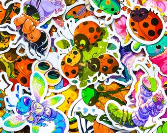50pcs Whimsical Bug Stickers, Rainbow Insect Stickers, Cute Beetle and Dragonfly Stickers, Waterproof Stickers for Scrapbook Journal