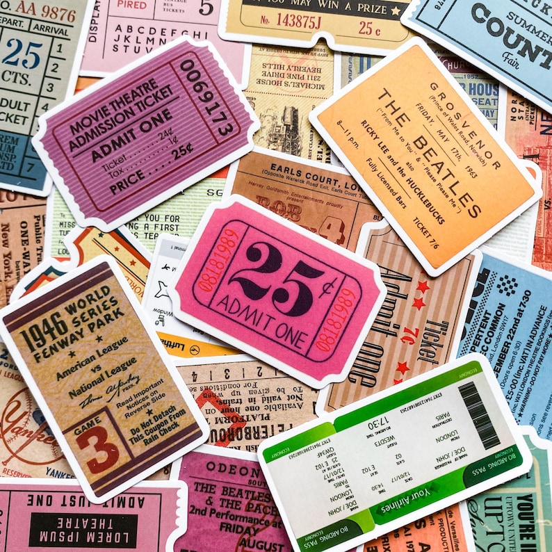 Fun Ticket Sticker 50 Retro Ticket Stickers, Vintage Travel Stickers, Movie Ticket ...