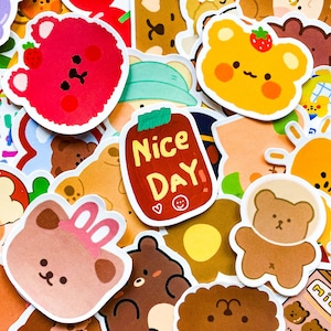 50 Random Kawaii Bear Stickers, Cute Bear Stickers for Kids, Waterproof Animal Stickers Pack for Laptop, Scrapbooks, Journal, Water Bottle