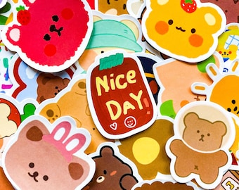 50 Random Kawaii Bear Stickers, Cute Bear Stickers for Kids, Waterproof Animal Stickers Pack for Laptop, Scrapbooks, Journal, Water Bottle