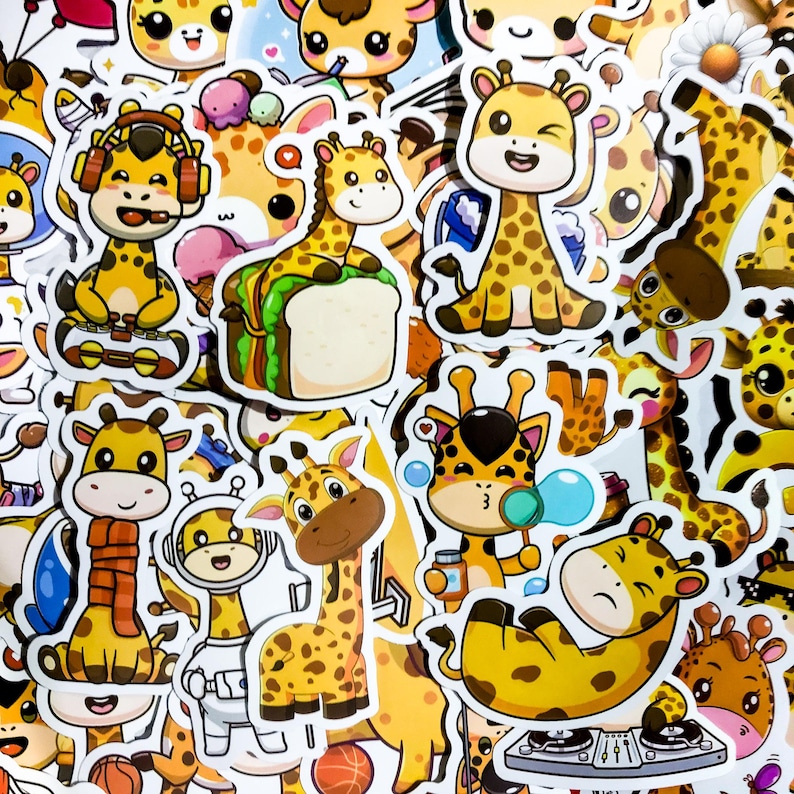May include: A collection of colorful stickers featuring cartoon giraffes in various poses and activities. The stickers are printed on white paper and have a glossy finish.