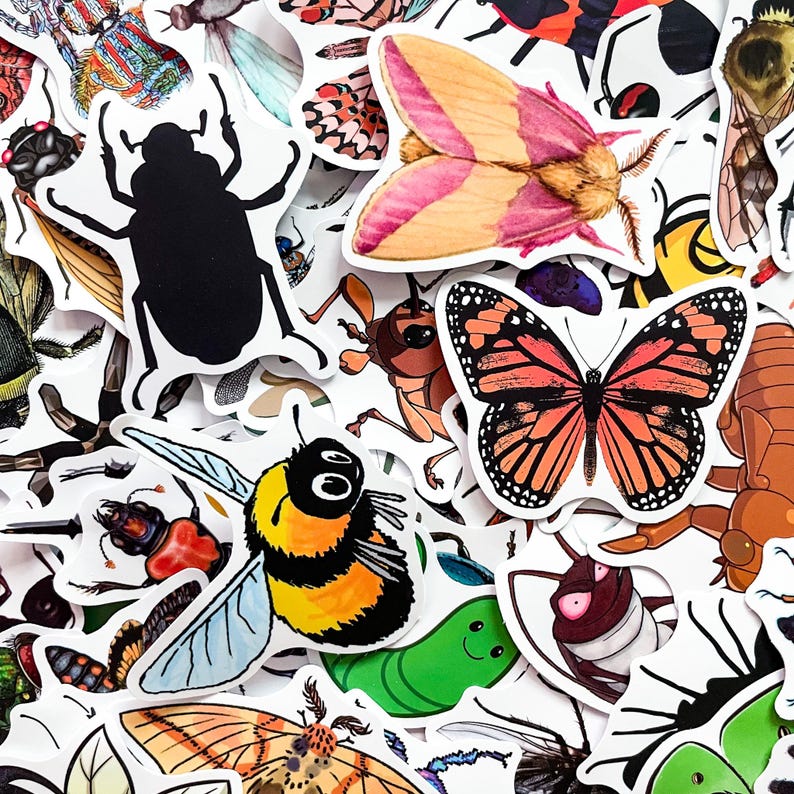 Op de afbeelding: Een verzameling kleurrijke insectenstickers, waaronder een zwarte kever, een geelzwarte hommel en een monarchvlinder met oranje en zwarte vleugels. Andere insecten zijn een mot met roze en oranje vleugels en diverse andere insecten.