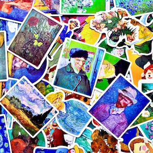 May include: A selection of colourful stickers featuring artwork by Vincent van Gogh. The stickers display various paintings, including portraits and landscapes, with vibrant colours and brushstroke details. The stickers are in various shapes and sizes.