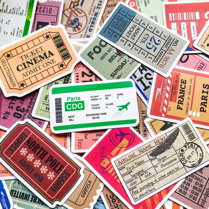 50 Retro Ticket Stickers, Vintage Travel Stickers, Movie Ticket ...