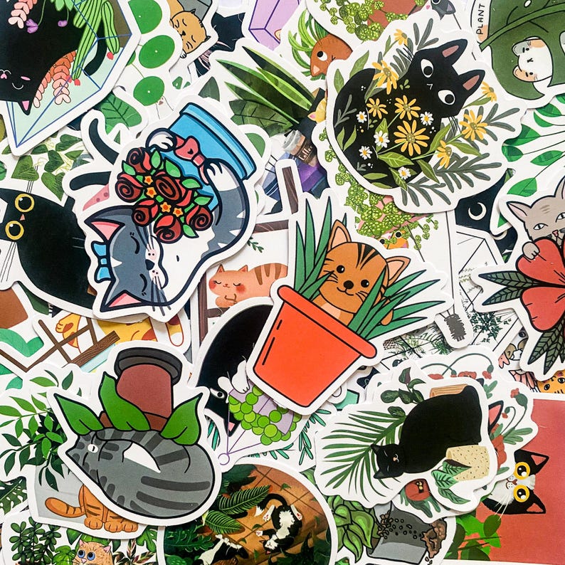 May include: A collection of colourful stickers featuring cats, plants, and flowers. The stickers are perfect for decorating laptops, water bottles, journals, and more.