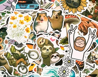 50 Random Theme Stickers, Retro Aesthetic Nature Stickers, Plants, Flowers & Animal Waterproof Stickers for Scrapbooks,Journal,DIY Crafts
