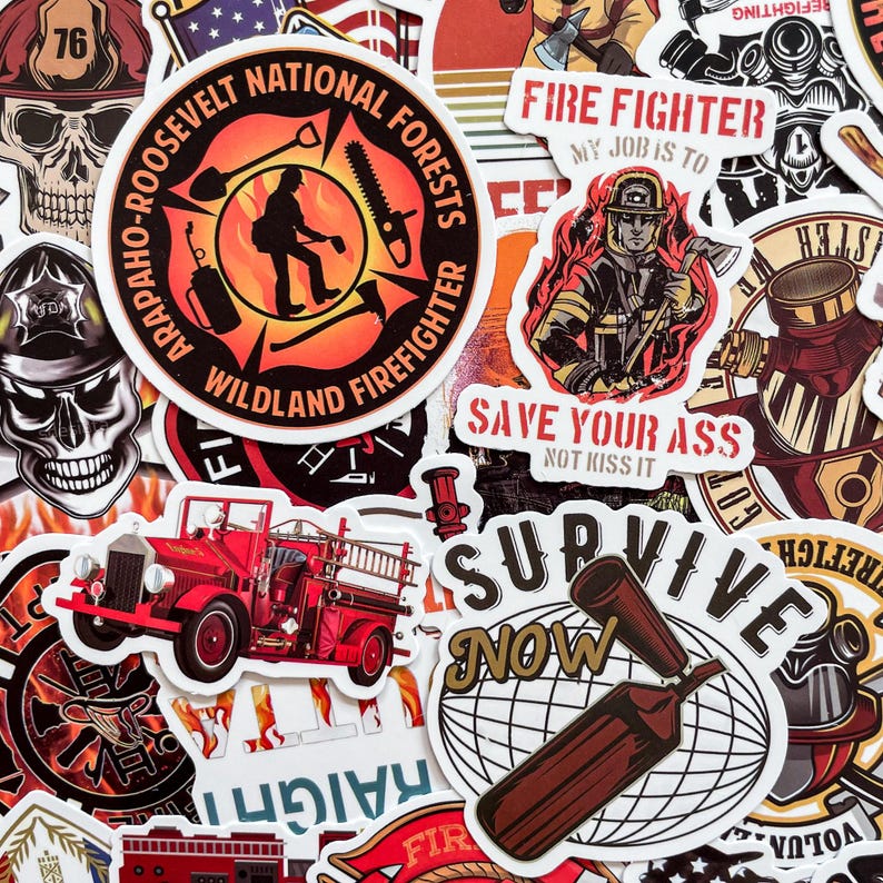 50 Random Firefighter Stickers, Fire Helmet Decals, Firefighter Quote ...
