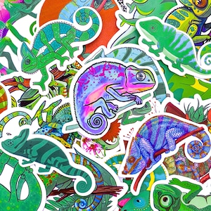 Può includere: Una collezione di adesivi di camaleonti colorati in varie pose. Gli adesivi presentano vibranti sfumature di verde, blu, viola e rosa. Alcuni camaleonti sono appollaiati sui rami, mentre altri sono circondati da foglie e fiori. Gli adesivi hanno un bordo bianco.