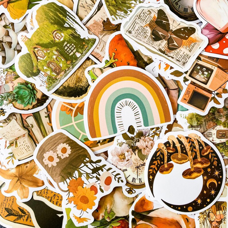 May include: A collection of colorful stickers featuring various designs, including a rainbow, mushrooms, a house, a butterfly, and a clock. The stickers are perfect for adding a touch of whimsy to journals, laptops, or water bottles.