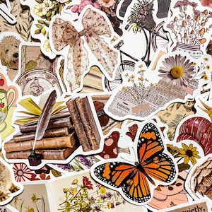 May include: A collection of vintage-style stickers featuring a variety of designs, including a butterfly, flowers, books, a teacup, and a bicycle. The stickers are printed on white paper with a matte finish.