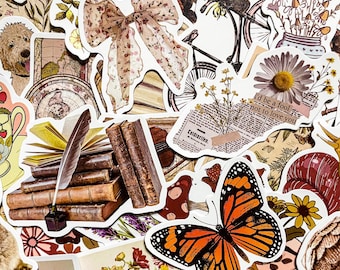 50 Stück botanische Cottagecore Aufkleber, Vintage Journaling Ästhetik, Retro Natur Sticker Pack, Blumen Aufkleber, Schmetterling Scrapbook Aufkleber