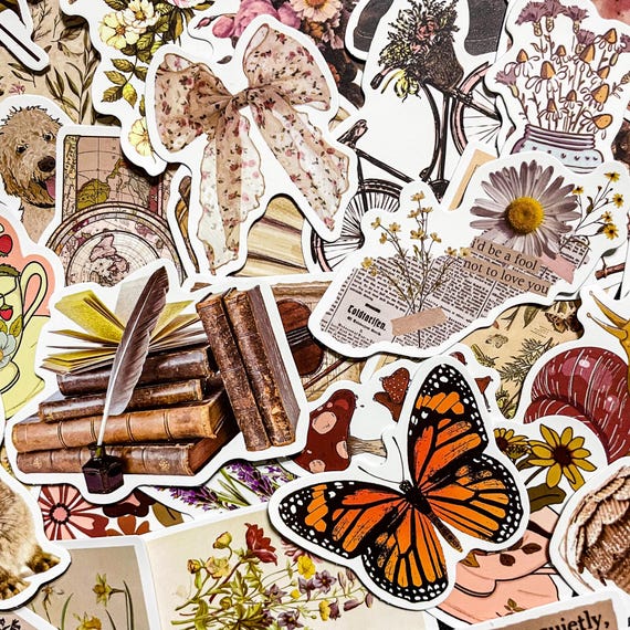 50pcs Botanical Cottagecore Stickers, Vintage Journaling Aesthetic, Retro Nature Sticker Pack, Floral Stickers, Butterfly Scrapbook Sticker