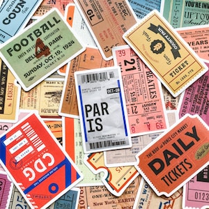 100 pegatinas de billetes retro, pegatinas de viajes vintage, pegatinas de billetes de cine, pegatinas de billetes de tren, pegatinas para manualidades, paquete de pegatinas para álbumes de recortes
