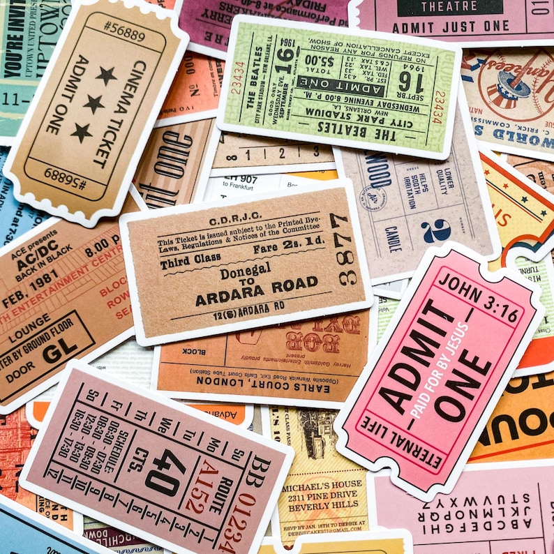 Fun Ticket Sticker 50 Retro Ticket Stickers, Vintage Travel Stickers, Movie Ticket ...