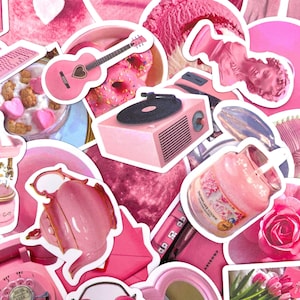 50 Random Pink Stickers, Retro Stickers, Kawaii Girly Pink Stickers, Unique Pink Colour Stickers Pack for Journal, Scrapbook, Stationery