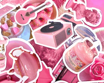 100 Random Pink Stickers, Retro Stickers, Kawaii Girly Pink Stickers, Unique Pink Colour Stickers Pack for Journal, Scrapbook, Stationery