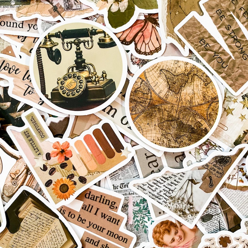 May include: A collection of vintage-style stickers featuring a rotary phone, a world map, flowers, and text that reads "Be Strong, Be You".
