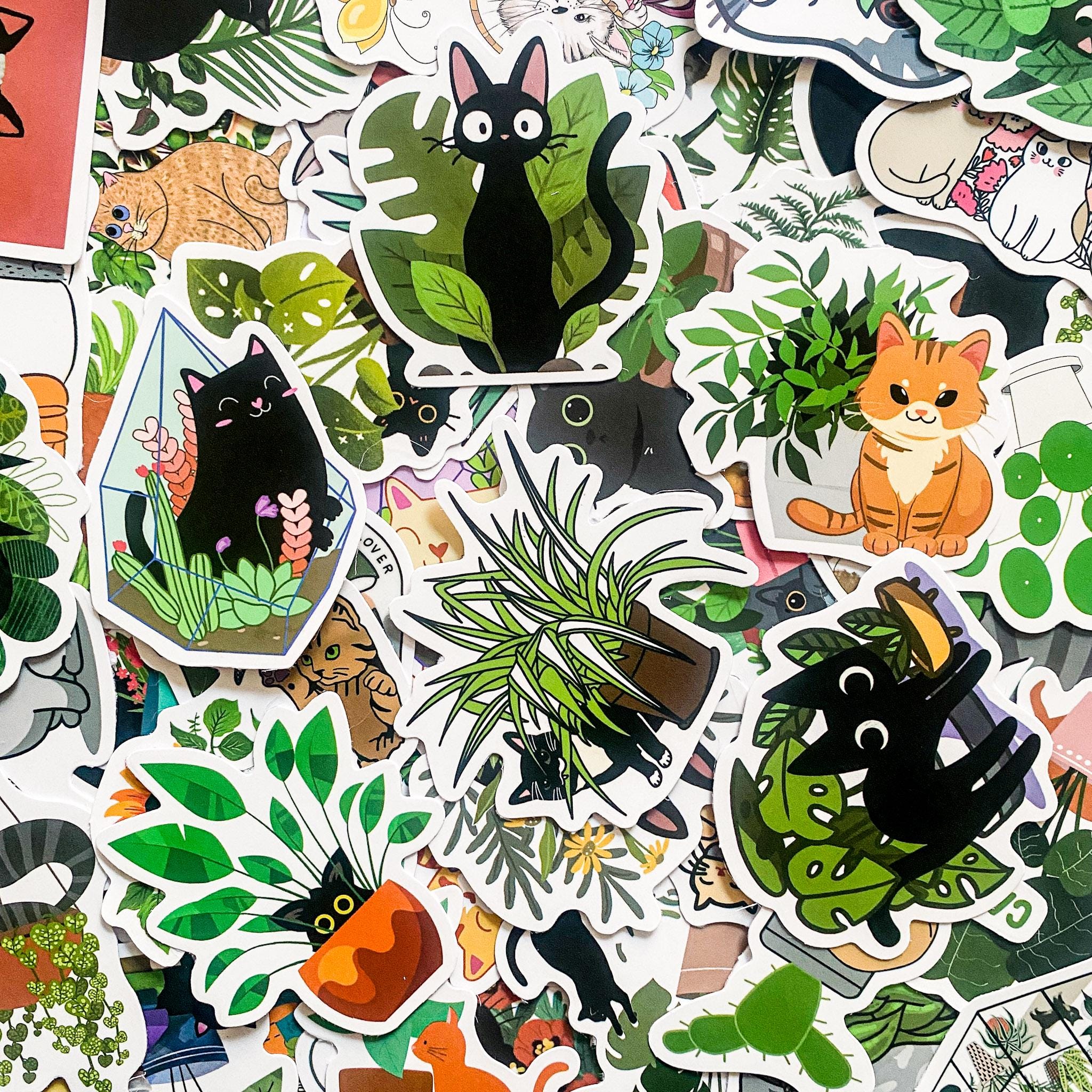 Sticker Cat. Random 50 Random Plant and Cat Stickers, Cute Stickers for Cat Lovers, Plant ...