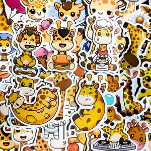 May include: A collection of colorful stickers featuring cartoon giraffes in various poses and designs. The stickers are perfect for adding a touch of whimsy to laptops, water bottles, journals, and more.