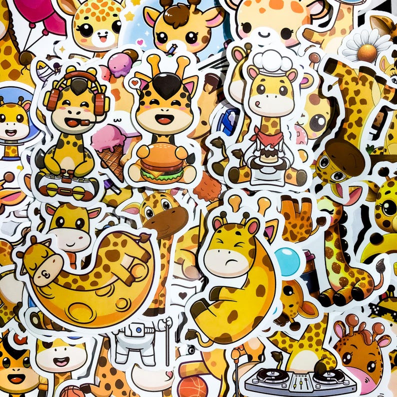 May include: A collection of colorful stickers featuring cartoon giraffes in various poses and designs. The stickers are perfect for adding a touch of whimsy to laptops, water bottles, journals, and more.