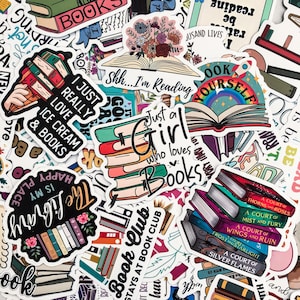May include: A selection of vibrant stickers with book-related designs. The stickers showcase stacks of books, open books, and phrases such as "Just a Girl who loves Books" and "The Library is my Happy Place." These stickers are perfect for personalising notebooks, laptops, or other items.
