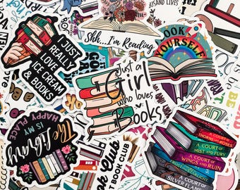May include: A collection of colorful stickers with book-themed designs. The stickers feature stacks of books, open books, and phrases like "Just a Girl who loves Books" and "The Library is my Happy Place." The stickers are ideal for decorating notebooks, laptops, or other items.