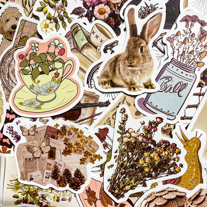 May include: A collection of vintage-style stickers featuring a teacup with strawberries, a brown rabbit, a mason jar with flowers, a bouquet of dried flowers, and a snail. The stickers are printed on white paper with a glossy finish.