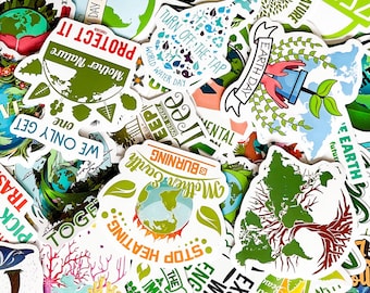 May include: A collection of colorful stickers with environmental themes. The stickers feature images of the Earth, trees, and phrases like "Protect It," "Earth Day," and "Stop Heating." The stickers are in various shapes and sizes.
