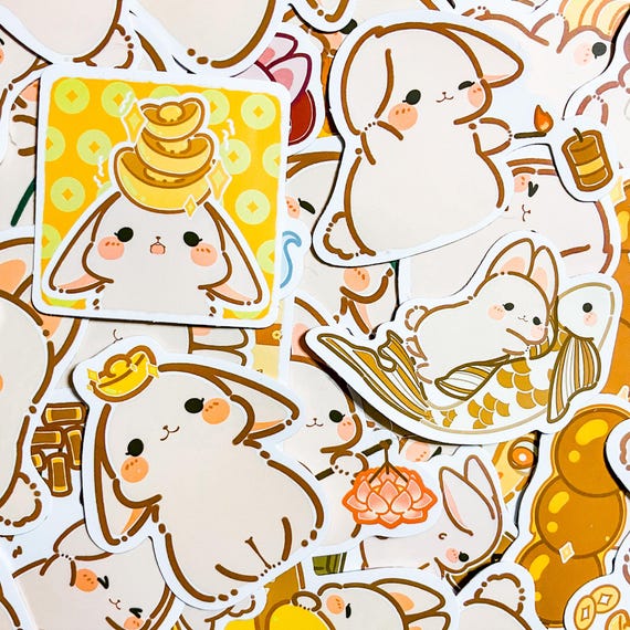 50 Cute Rabbit Stickers, New Year Stickers, Lucky Bunny Stickers, Fortune Stickers, Waterproof Decals, Spring Festival Stickers