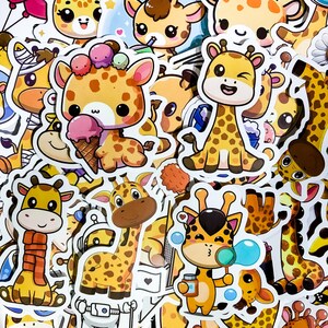 May include: A collection of colorful cartoon giraffe stickers. The stickers feature different poses and expressions, including a giraffe wearing a scarf, a giraffe holding a cone of ice cream, and a giraffe with a winking eye.