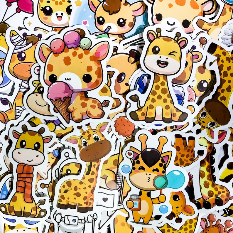 May include: A collection of colorful cartoon giraffe stickers. The stickers feature different poses and expressions, including a giraffe wearing a scarf, a giraffe holding a cone of ice cream, and a giraffe with a winking eye.