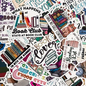 May include: A collection of colorful stickers with book-related themes. The stickers feature text like "Book Club," "Book Lover," and "I Have No Shelf Control," along with illustrations of books, cats, and reading lists.
