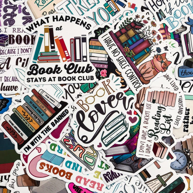 May include: A collection of colorful stickers with book-related themes. The stickers feature text like "Book Club," "Book Lover," and "I Have No Shelf Control," along with illustrations of books, cats, and reading lists.