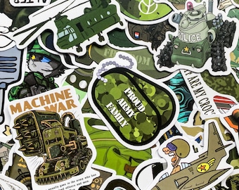 May include: A collection of green, white, and black military themed stickers. The stickers feature a helicopter, a tank, a dog tag, and a machine gun. The stickers are printed on a white background.