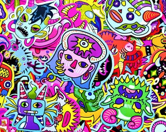 50PCS Psychedelic Monster Stickers, Abstract Surreal Horror Stickers, Trippy Weird Eyeball Stickers, Bold Demon Art Stickers for Skateboard
