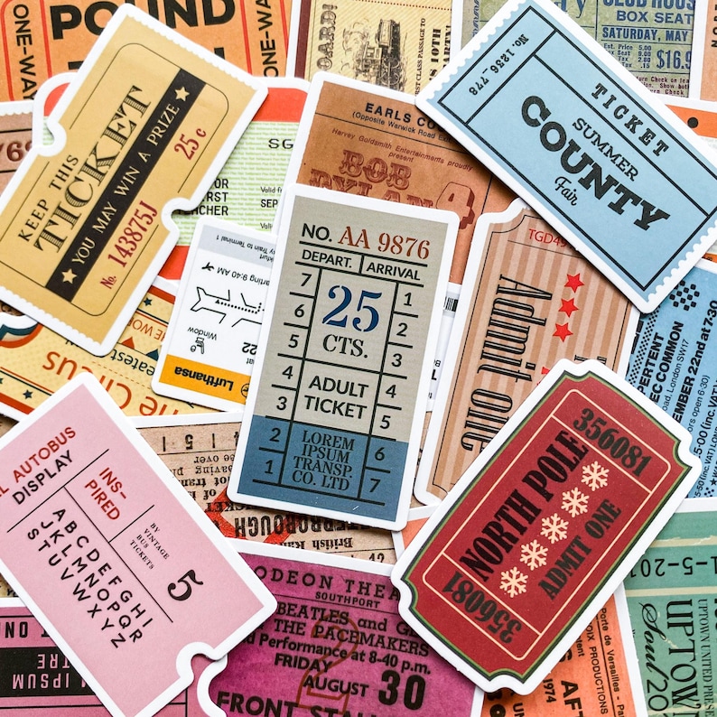 50 Retro Ticket Stickers, Vintage Travel Stickers, Movie Ticket ...