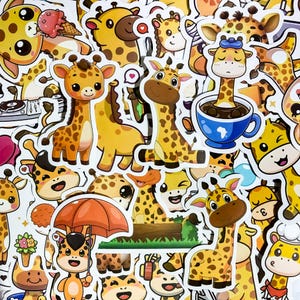 May include: A collection of colorful stickers featuring cartoon giraffes in various poses. The stickers are printed on white paper and have a glossy finish. Some stickers feature a cup of coffee, a heart, and a flower.