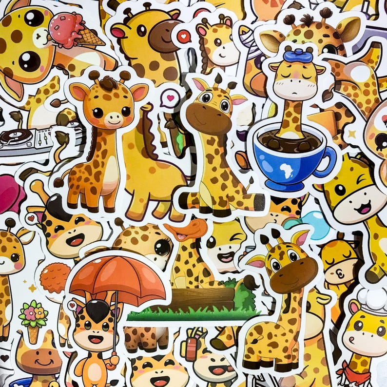 May include: A collection of colorful stickers featuring cartoon giraffes in various poses. The stickers are printed on white paper and have a glossy finish. Some stickers feature a cup of coffee, a heart, and a flower.