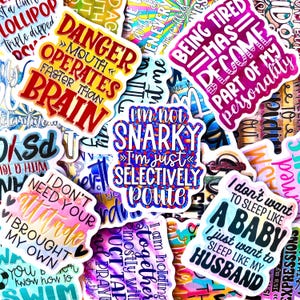 Könnte beinhalten: Eine Sammlung bunter Aufkleber mit verschiedenen humorvollen Sprüchen. Die Aufkleber zeigen fetten Text in verschiedenen Schriftarten und Farben, darunter "Danger: Mouth Operates Faster Than Brain" und "I'm Not Snarky, I'm Just Selectively Polite."