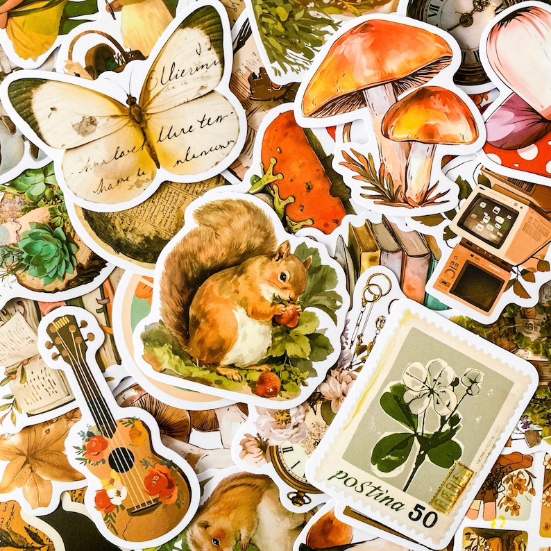 May include: A collection of vintage-style stickers featuring a variety of images, including a butterfly, a squirrel, mushrooms, a flower, a guitar, and a clock. The stickers are printed on white paper with a rounded border.