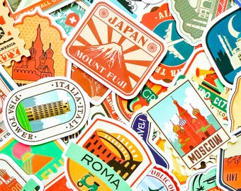 50 adesivi iconici per souvenir di viaggio, adesivi globali vivaci, adesivi con punti di riferimento audaci, adesivi estetici per album di ritagli, laptop, calendari
