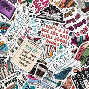 May include: A collection of colorful stickers with book-related themes. The stickers feature various designs, including open books, coffee cups, and quotes like "Read more books that make you happy." The stickers are ideal for decorating notebooks or personal items.