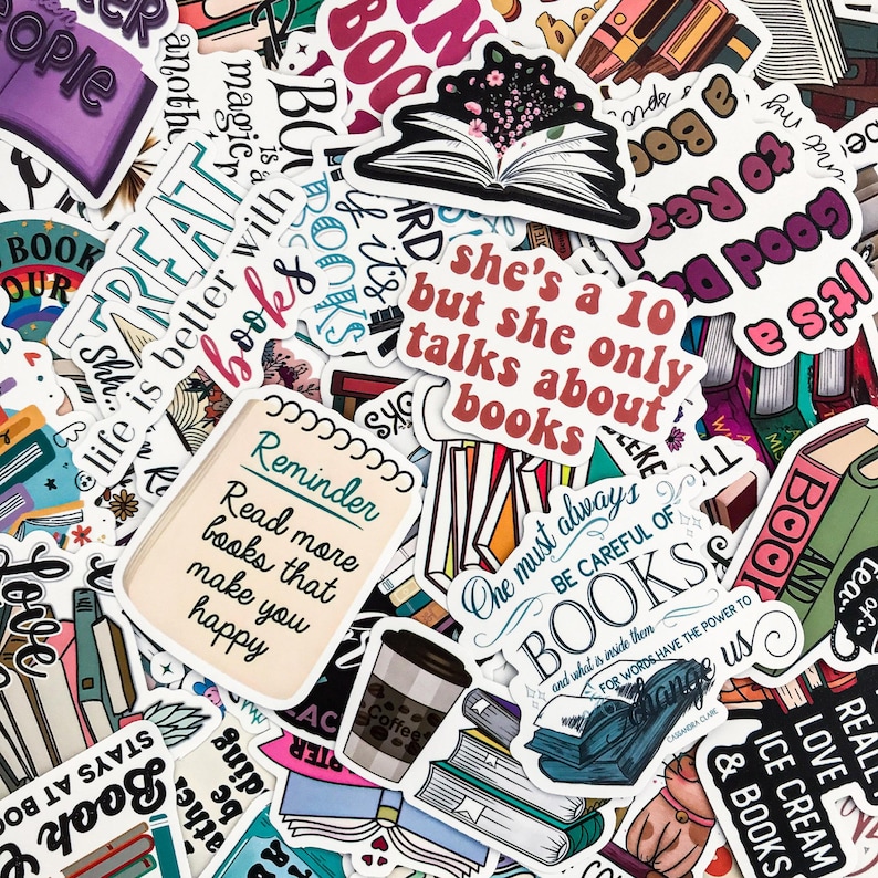 May include: A collection of colorful stickers with book-related themes. The stickers feature various designs, including open books, coffee cups, and quotes like "Read more books that make you happy." The stickers are ideal for decorating notebooks or personal items.