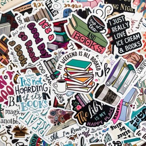 May include: A collection of colorful stickers with book-themed designs. The stickers feature images of books, coffee cups, and phrases like "It's a Good Day to Read a Book" and "The Library is My Happy Place."